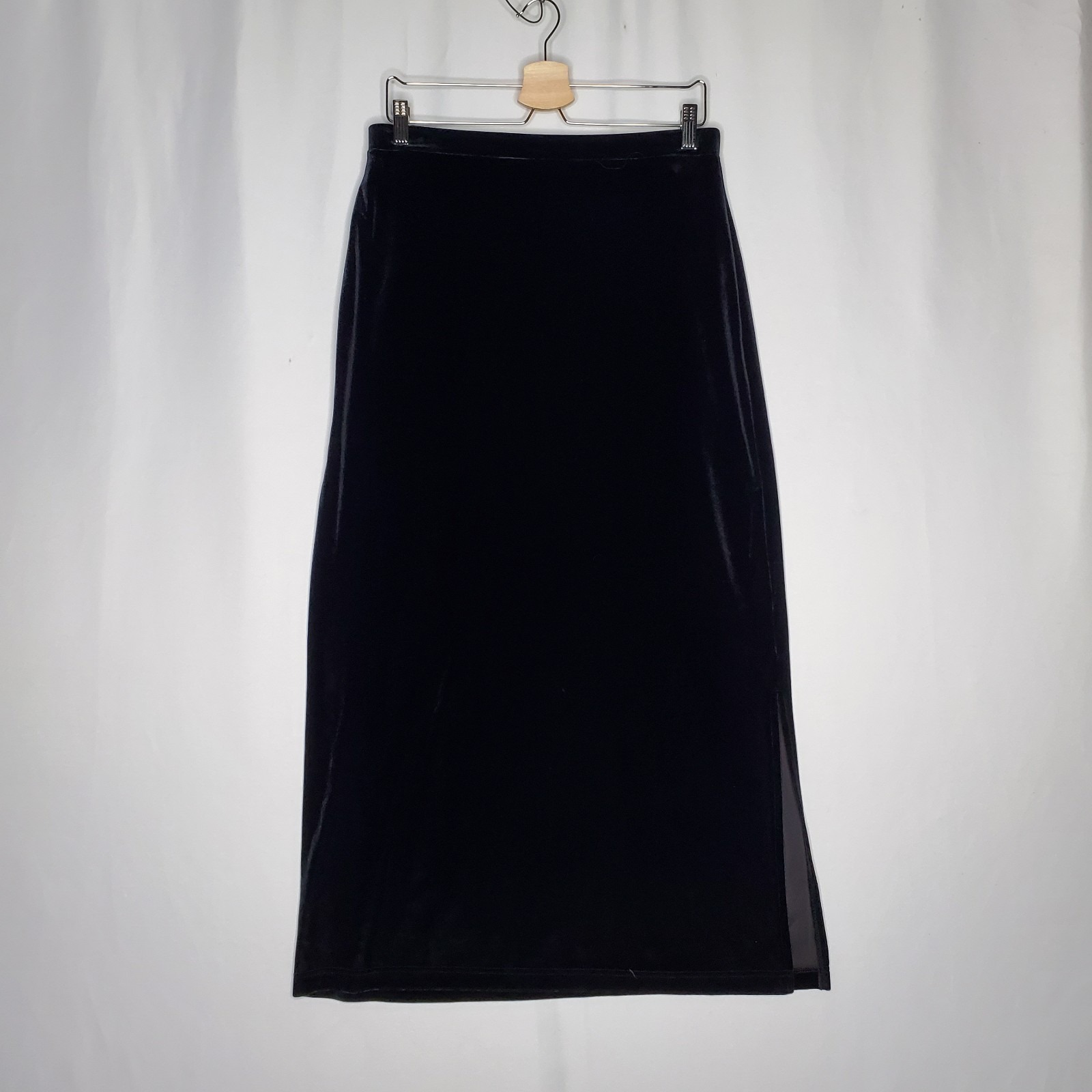 Merona Velvet Maxi Straight Skirt Medium Vtg Black Stretch Pullon Slit Grunge